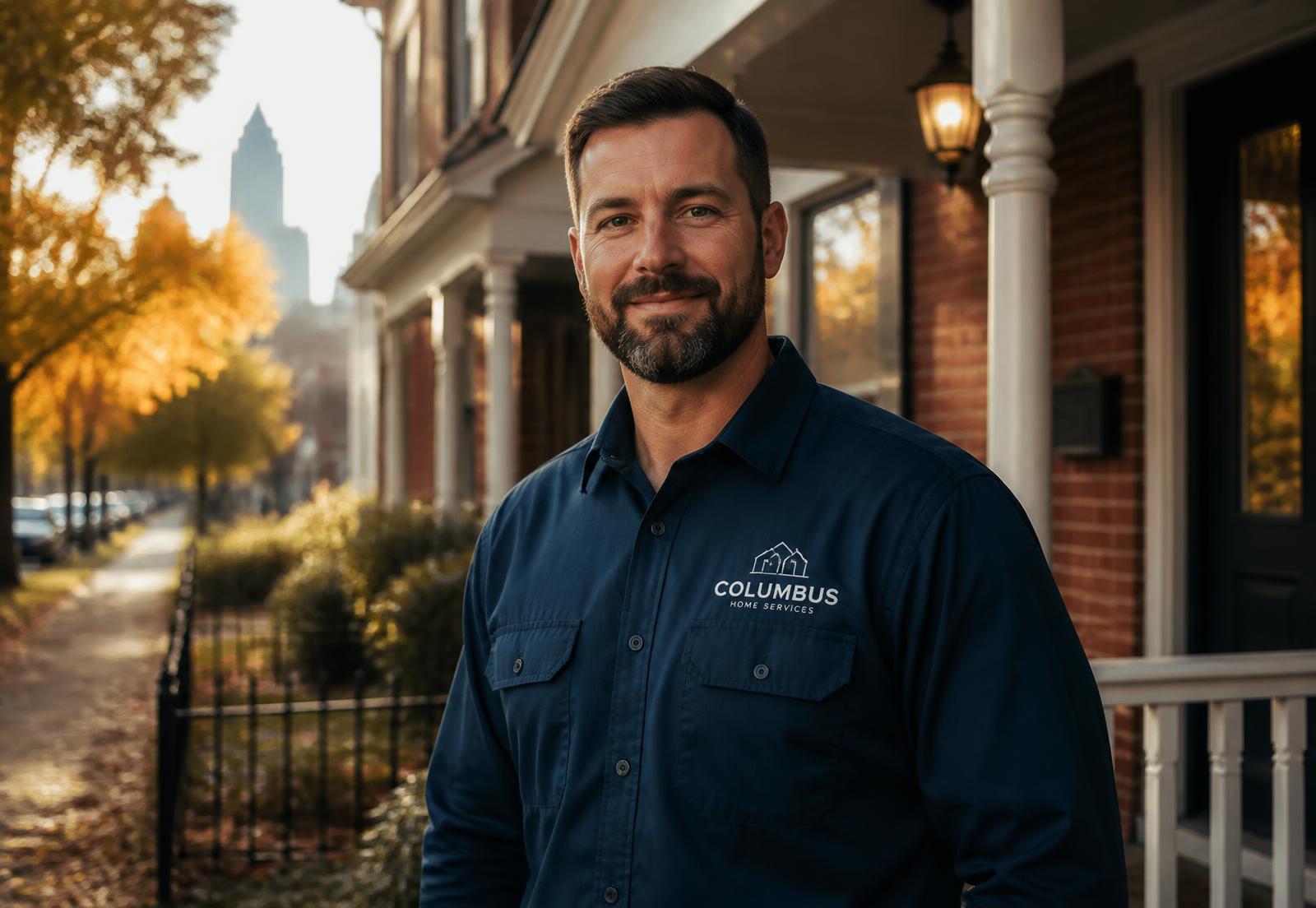 Columbus home-service professional standing on the porch of a brick home